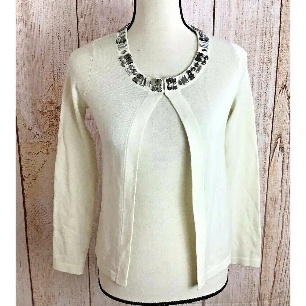 Banana Republic Cardigan Sweater Sz XS Jeweled Collar Cream Color Wool Blend